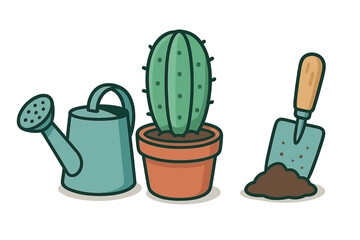 Obraz premium Cactus plant in terracotta pot with watering can and garden trowel on a white background