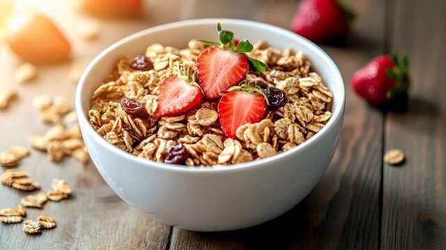 A closeup of a bowl of granola with strawberries and raisins on a wooden surface. The bowl is white and sits on a dark wooden table. The granola is a mix of oats, nuts.