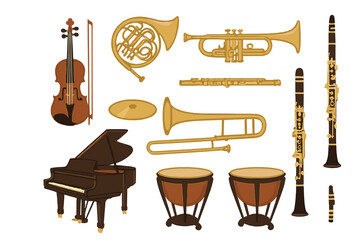 Various musical instruments displayed together in a simple design, showcasing their unique shapes and forms © Andrei