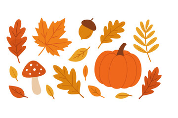 Colorful autumn leaves, a pumpkin, and mushrooms gather to celebrate the beauty of the fall season in a vibrant display of nature