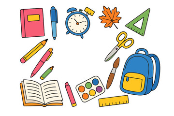 Colorful assortment of school supplies arranged in a playful design perfect for back-to-school season