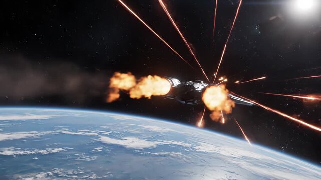 Futuristic spaceship evading laser fire near a planets atmosphere in a dramatic space battle scene