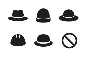 Different types of hats including hard hats, fedoras, and a no hat symbol highlighted in black silhouettes
