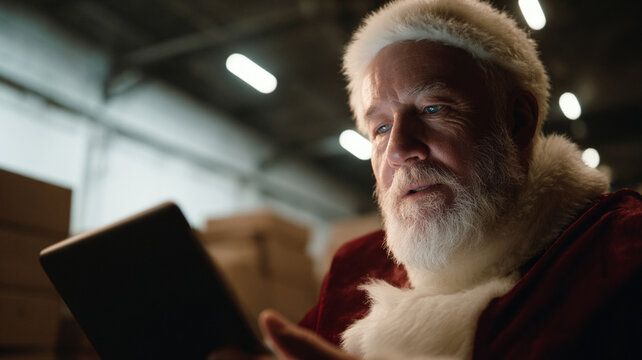 Focused senior man as modern Santa Claus in warehouse using glowing digital tablet computer for Christmas gift preparation and planning - Powered by Adobe
