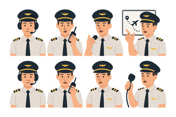 Cartoon illustrations of male pilots communicating with headsets and radios