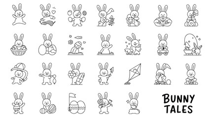 Collection of cute hand drawn bunny illustrations with easter eggs and spring elements for festive designs