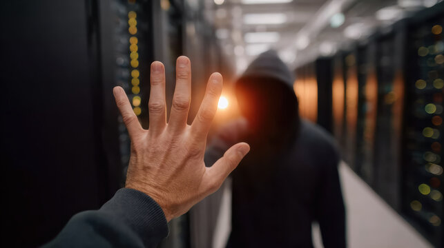 Hand held up to stop shadowy, anonymous hacker in hoodie. First person view of cyber security threat inside dark server room data center - Powered by Adobe