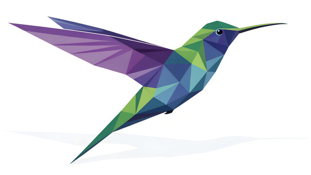 Modern geometric logo of a stylized hummingbird/swift, created with low-poly polygons in deep purple, blue and green. Clean, corporate 3D render with subtle shadows on white background. - Powered by Adobe