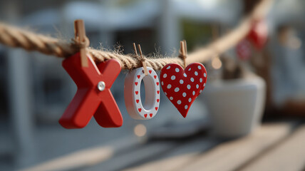 Romantic decorative red xoxo letter and heart symbol hang on rope with clothespin. An affectionate loving valentine day background with message