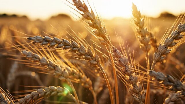 Extreme close-up shot of golden wheat stalks swaying slowly and elegantly in a gentle breeze during the beautiful golden hour light seasonal, macro, background