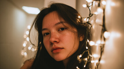 Pensive woman portrait with glowing ethereal fairy light for cozy Christmas holiday indoor, looking at camera with calm expression