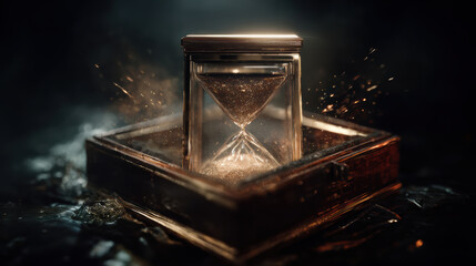 Dramatic vintage hourglass in dark box symbolizes concept of passing time with shimmering sand and exploding dust for mysterious mood