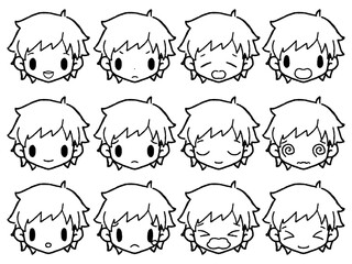 手描きの男の子表情セット２白黒
