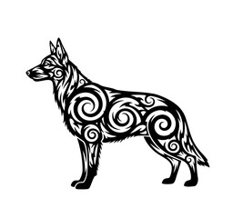 Swirling black patterns and fluid tribal motifs intricately weave together to create the majestic silhouette of a German Shepherd standing in profile
