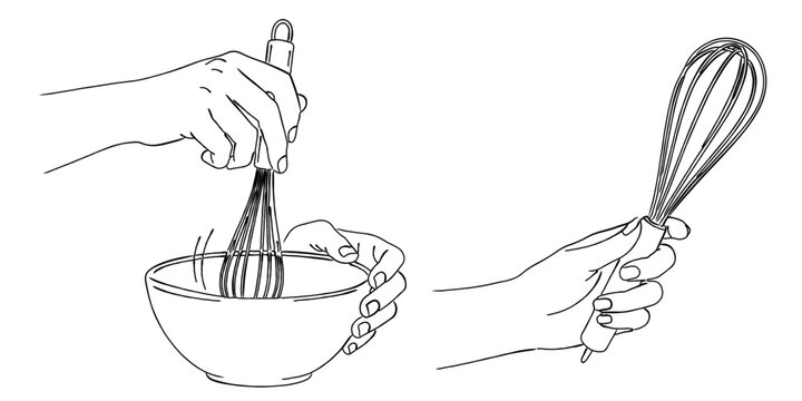 泡立て器で材料を混ぜる手（ボウル・ホイッパー）,お菓子作り,料理,調理器具,かき混ぜる,シンプル,ベクター,線画