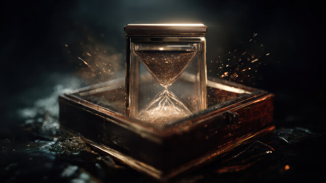 Dramatic vintage hourglass in dark box symbolizes concept of passing time with shimmering sand and exploding dust for mysterious mood