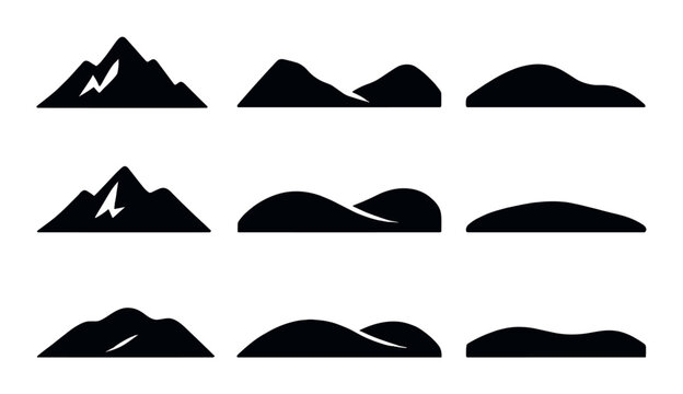 Set of nine silhouette mountain icons on grayscale background