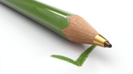 Green pencil drawing check mark symbol of approval and success. positive vote for quality, completion, and passed test on white background