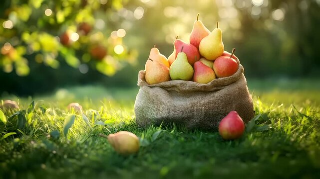 A closeup of a sack filled with assorted pears on a grassy field. The pears are vibrant in color, with hues of yellow, green, and red. The sack is made of a coarse, woven material.