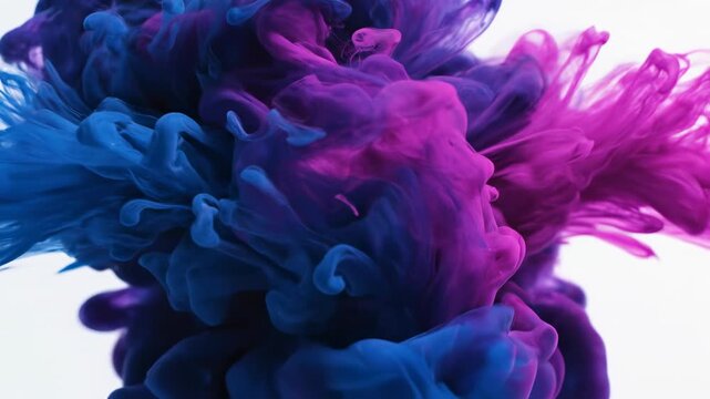 Extreme close-up slow motion footage of swirling deep blue and vibrant magenta liquid ink mixing dynamically under macro lens perspective professional, movement, hypnotic