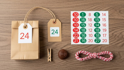 A delightful Christmas winter holiday setup featuring an advent calendar, gift bag, and festive accessories, providing inspiration for a versatile vector icon set