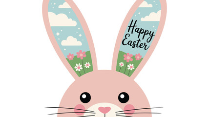 Fototapeta premium Cute pink bunny with long ears filled with a spring landscape and happy easter text