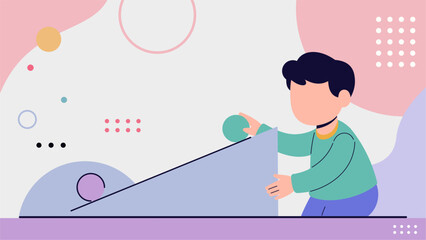 Child Learning Gravity with Inclined Plane – Modern Pastel Flat Illustration