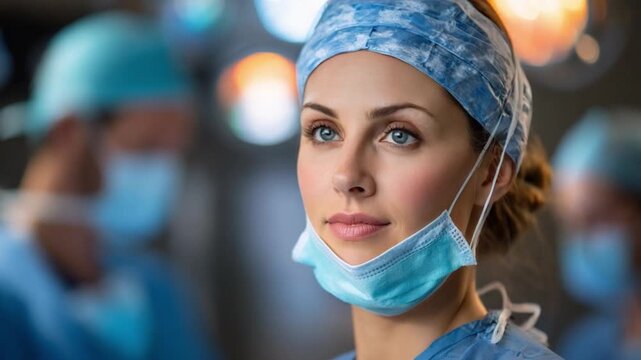 Medical Professional's Focused Gaze: An empathetic female medical professional stands poised, capturing the viewer with her piercing stare. Clad in scrubs and a surgical mask.