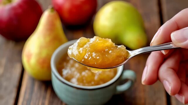 A closeup of a hand holding a spoon with a goldenbrown jam on it. The jam has a glossy texture and is spread evenly across the spoon. The background is blurred.