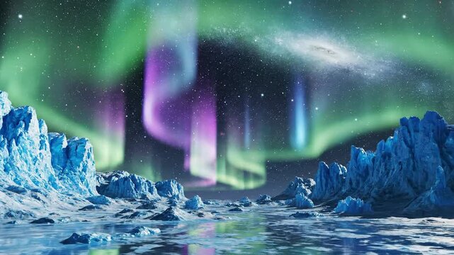 Stunning aurora borealis displaying over frozen terrain with starry night sky