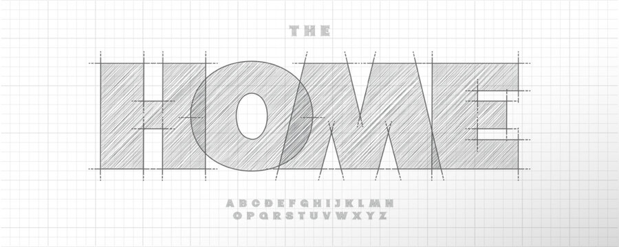Technical Draw Font Logo Alphabet Vector Sketch Bold Heavy Letters Set Modern Architect Typography, Creative Typographic Design for Architectural Title Text, Typo Poster Headline. Vector Typeface