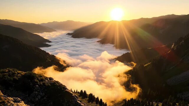 Golden sunrise over mountain valley filled with thick layer of white fog or cloud inversion seen from high peak 4k video