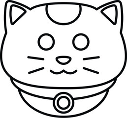 Japanese lucky cat head line art smiling, wearing a simple collar