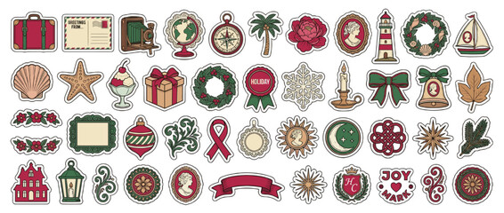 Holiday and seasonal icon set. featuring gift, candle, ornament, bow, lighthouse, ship, wreath, candy, and more. Vector collection