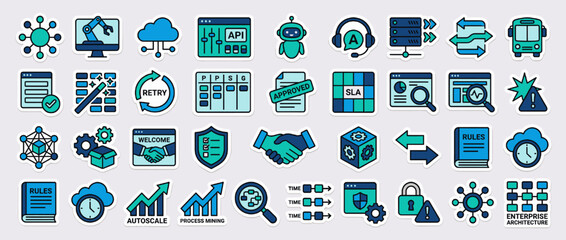Business and technology icons set. featuring api, automation, security, time, approval, cloud, networking and more. Vector collection