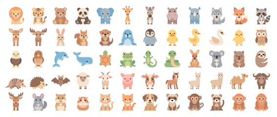 Animal icon set. containing lion, tiger, panda, fox, zebra, rabbit, owl, owl, dolphin, turtle and more. Vector collection