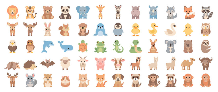 Animal icon set. containing lion, tiger, panda, fox, zebra, rabbit, owl, owl, dolphin, turtle and more. Vector collection