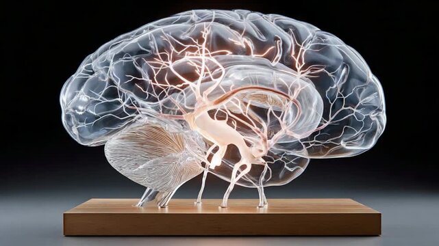 Brain's Intricate Web: A luminous and transparent rendition of the human brain, showcasing its complex network and the elegance of its internal design.
