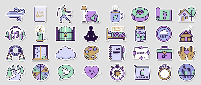Wellness and relaxation icon set. including yoga, meditation, routine, calm, wellness, sleep, nature, reset, mindfulness, peace. Vector collection