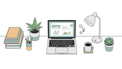 Flat Line Vector Illustration of Modern Workspace with Laptop Displaying Charts, Desk Lamp, Books, and Coffee for Business Analysis or Remote Work