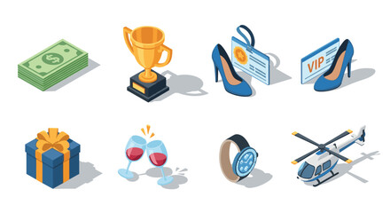 Isometric icons of luxury and wealth: cash, trophy, and exclusive gifts