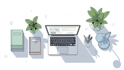 Top View Vector Illustration of Modern Creative Workspace with Laptop, Plants, Books, and Desk Lamp for Remote Work or Flat Lay Digital Nomad Concept