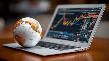 Global Market Analysis: A laptop displaying financial graphs and charts alongside a globe, symbolizing global financial markets and investment strategies. - Powered by Adobe