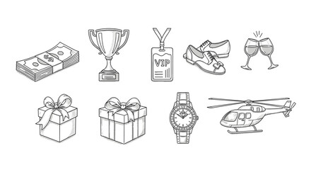 Luxury items collection: hand-drawn icons of wealth and celebration