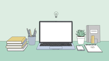 Detailed Vector Illustration of Cozy Student Workspace with Blank Laptop Screen Mockup, Stack of Books, Coffee, and Plants for Home Education or Creative Study