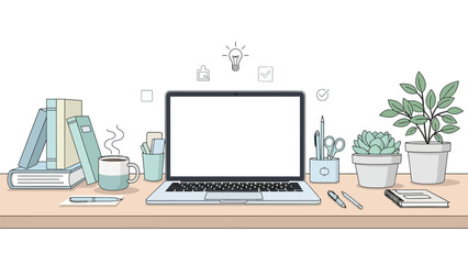 Detailed Vector Illustration of Cozy Student Workspace with Blank Laptop Screen Mockup, Stack of Books, Coffee, and Plants for Home Education or Creative Study