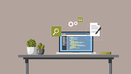 Flat Vector Illustration of Developer Workspace with Laptop Screen Showing Code, Coding Icons, and Plants for Web Development or Software Engineering Concept
