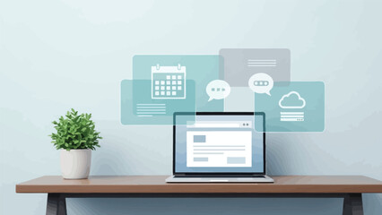 Digital Business Administration Concept with Laptop Mockup, Potted Plant, and Floating Icons: Calendar, Chat, and Cloud Storage for Modern Office Management