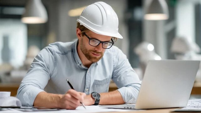 Architectural Precision: A focused architect meticulously examines architectural plans, accompanied by a laptop, emphasizing precision and professionalism in design and construction.