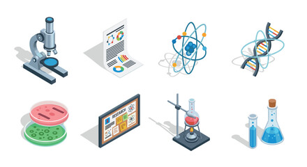 Isometric scientific equipment icons featuring microscope, dna, and lab tools